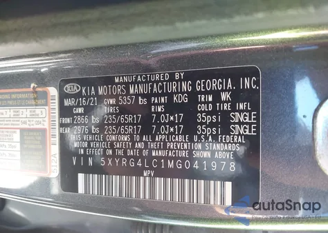 2021 Kia Sorento Lx z USA, uszkodzony, nr VIN 5XYRG4LC1MG041978